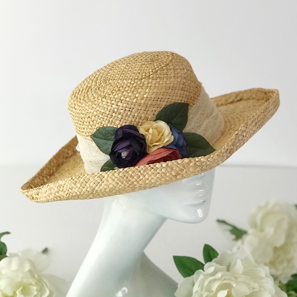 Vintage Accessories - Vintage Flower Straw Hat Summer Wide Brim Curved